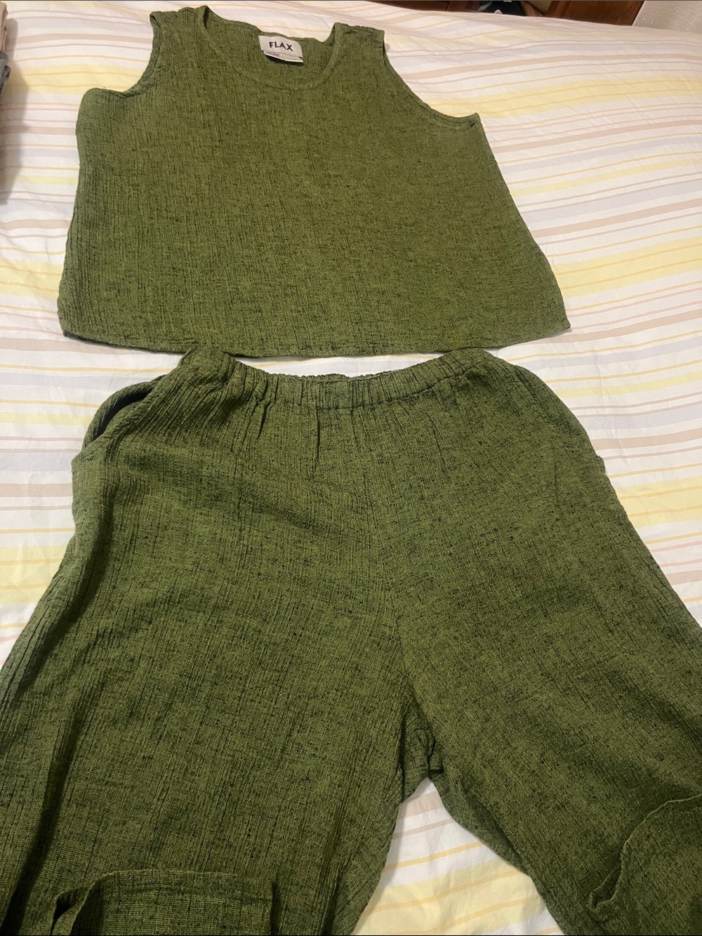 Flax Olive Green Linen-Blend Wide Leg Pants & Cropped Tank Set